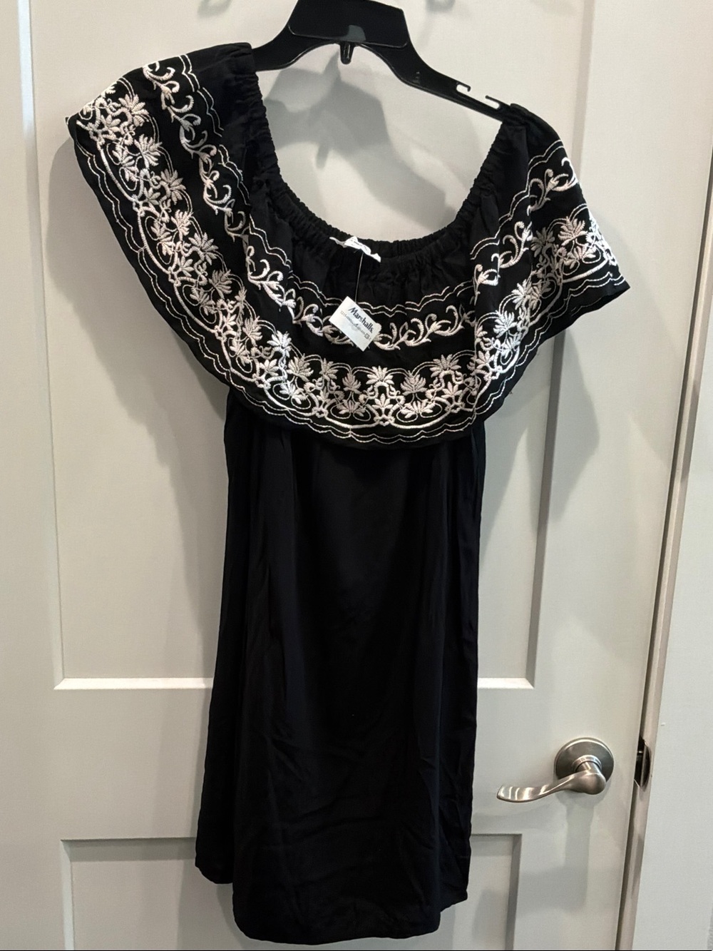 NWT Medium Love Tree Black Maxi Dress White Embroidered Yoke Off/ On Shoulder